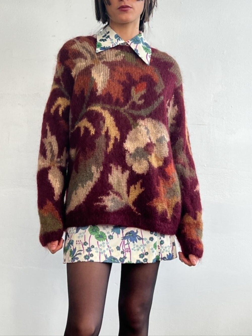 Talbots vintage hand knit mohair blend burgundy autumn print chunky sweater